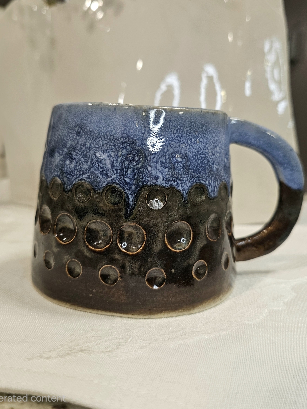 Artisan Studio Pottery Mug Blue Brown Reactive Drip Glaze Textured Coffee Mug